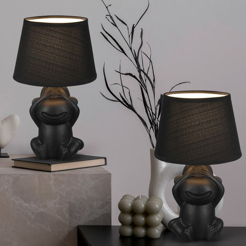 Image of Etc-shop - Lampada da tavolo lampada da comodino scimmia in ceramica nera lampada laterale scimmia paralume in tessuto, interruttore a cavo, 1x