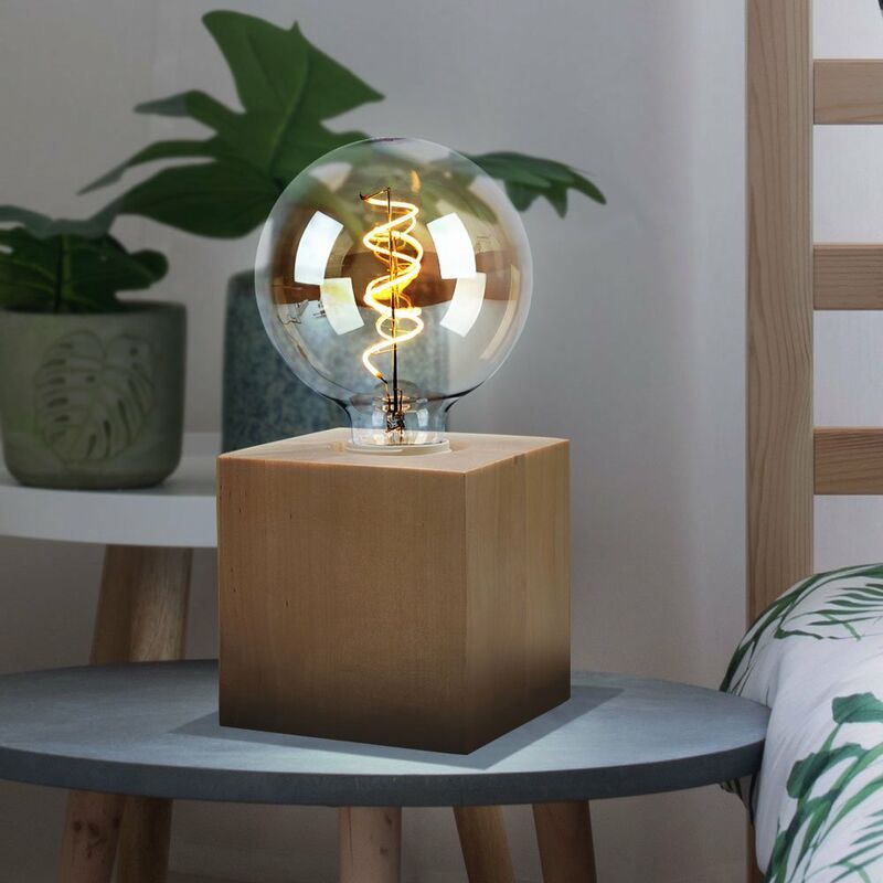 Image of Lampada da tavolo lampada da comodino stile country in legno naturale Lampada da tavolo E27, quadrata senza paralume, LxPxH 10x10x10 cm