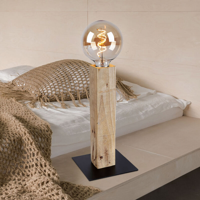 Image of Lampada da tavolo, lampada da lettura, lampada da tavolo stile country, camera da letto, lampada in legno, metallo nero, colore naturale, attacco 1x