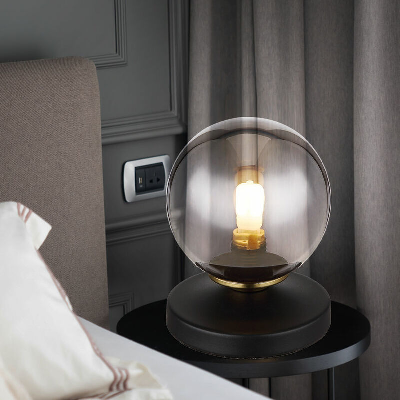 Image of Lampada da tavolo lampada da lettura soggiorno in metallo lampada da tavolo di design color fumo con sfera di vetro, ottone nero, interruttore a