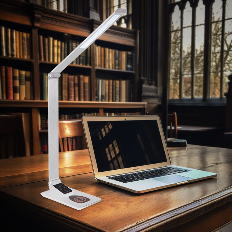 Image of Lampada da tavolo lampada da scrivania touch dimmer lampada da lettura a led argento lampada da tavolo mobile con ricarica wireless, alluminio