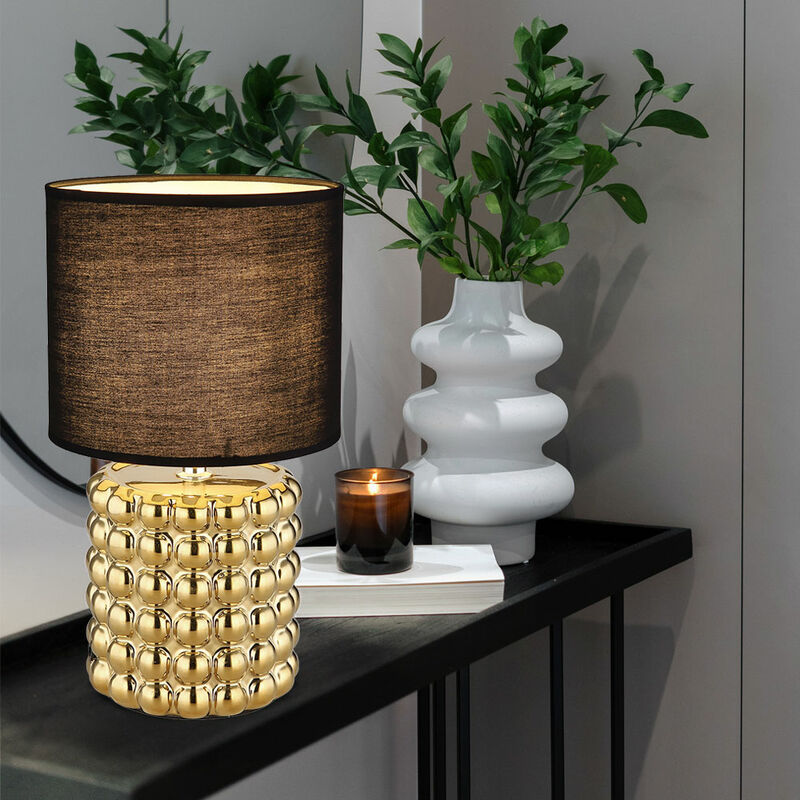 Image of Lampada da tavolo lampada da tavolo da salotto lampada da comodino in ceramica oro nero, paralume in tessuto, 1 attacco E14, PxH 18,5x33 cm