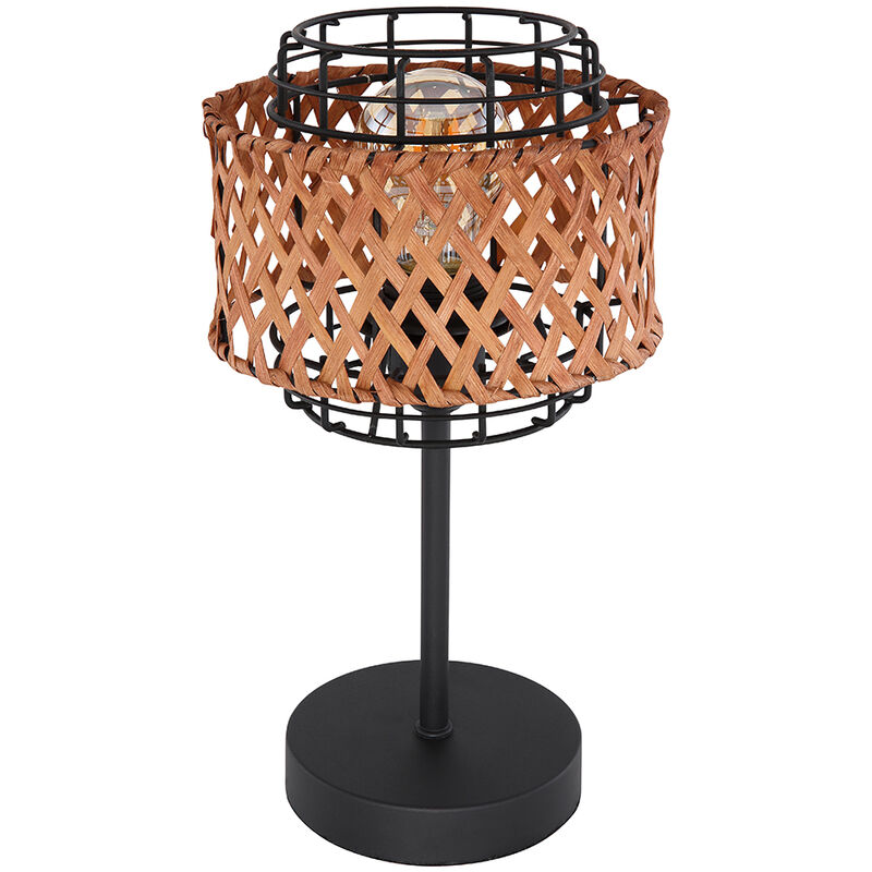 Image of Lampada da tavolo lampada da tavolo in metallo bambù lampada da lettura lampada laterale nera soggiorno, griglia metallica rotonda, 1x E27, DxH 17x32
