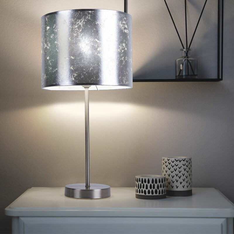 Image of Lampada da tavolo lampada da tavolo lampada da comodino lampada da lettura lampada da camera da letto, paralume in tessuto nichel opaco argento, 1x