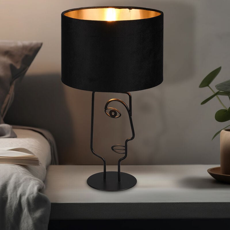 Image of Lampada da tavolo lampada da tavolo lampada da comodino lampada da lettura lampada laterale, paralume in tessuto metallo nero design viso, 1x E27, h