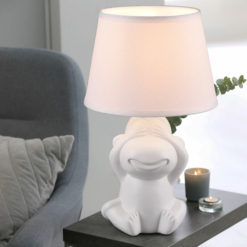 Image of Lampada da tavolo lampada da tavolo luce notturna lampada da comodino, interruttore a cavo design scimmia paralume in tessuto bianco opaco in