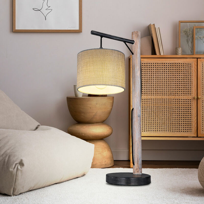 Image of Lampada da tavolo lampada da tavolo retrò lampada in legno soggiorno lampada da comodino tessuto grigio, metallo nero, 1x attacco E27, LxLxA