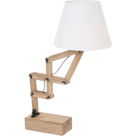 Lampada da tavolo, lampada in legno, bianca, casa di campagna, lampada da comodino, rustica, snodi mobili, paralume in tessuto, 1x E27, DxH 25x83 cm