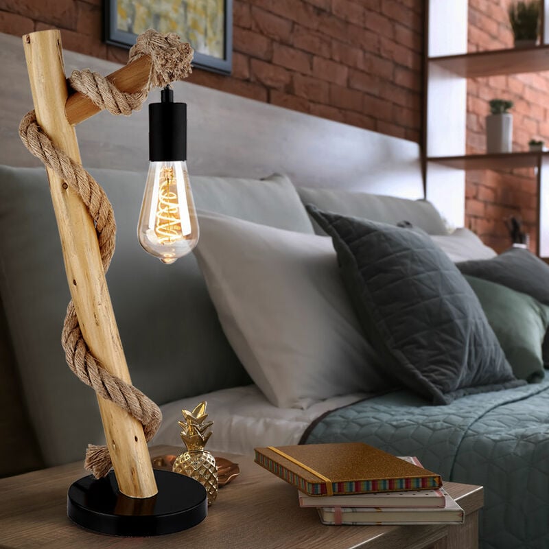 Image of Lampada da tavolo, lampada in legno, lampada laterale, nero, corda di canapa, casa di campagna, lampada da comodino, lampada da lettura rustica,