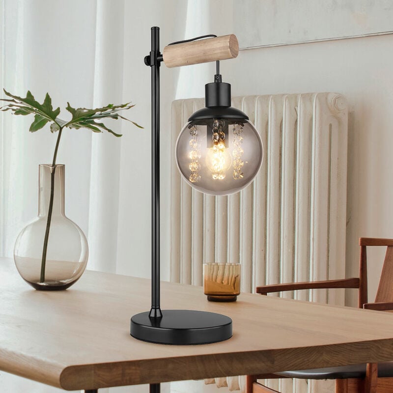 Image of Globo - Lampada da tavolo lampada in legno retrò lampada da tavolo lampada da comodino, metallo nero, sfera di vetro fumé, regolabile in altezza, 1x