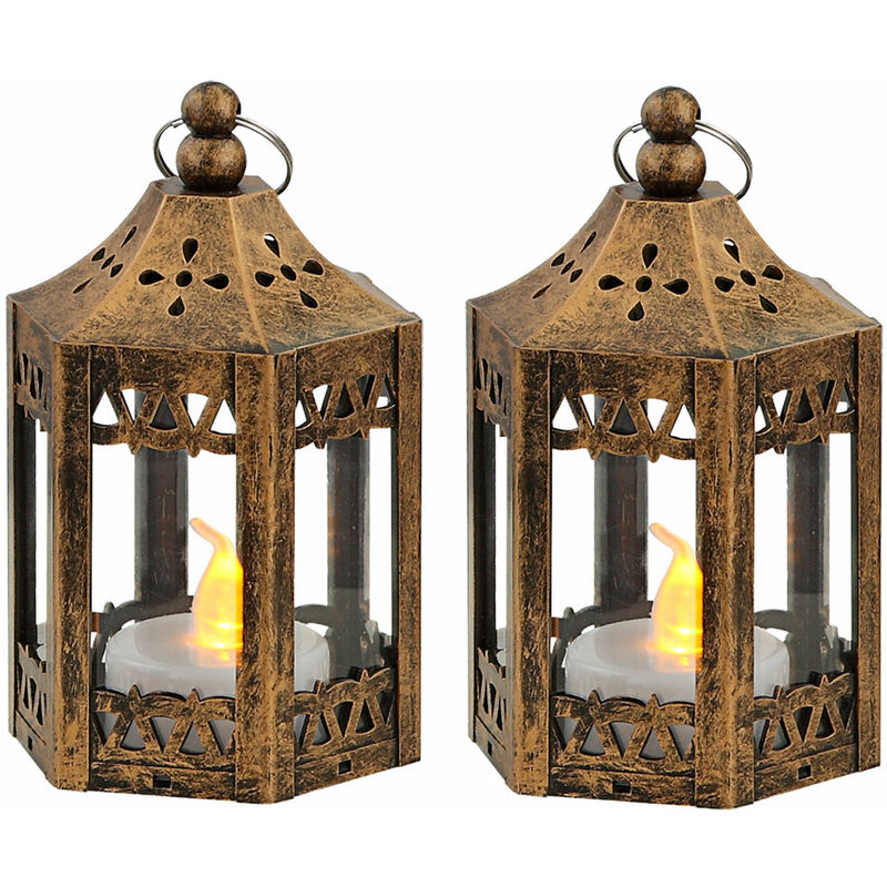 Image of Lampada da tavolo lampada lanterna decorazione lampada laterale soggiorno, rame antico chiaro, 1x led 0.2W 3000K, DxH 6.2x11 cm, set di 2