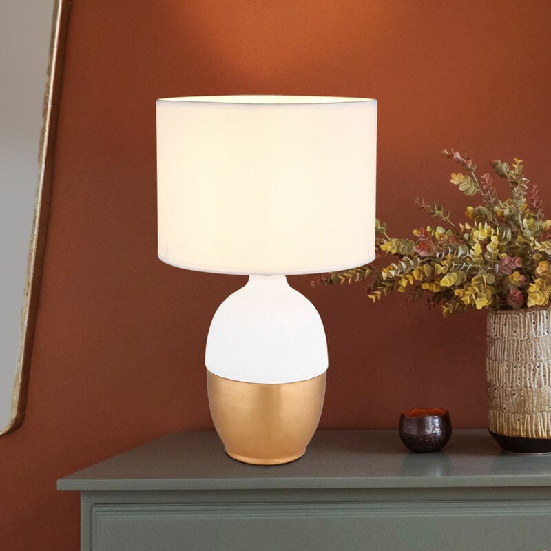 Image of Etc-shop - Lampada da tavolo lampada laterale camera da letto lampada da scrivania bianca, Reto paralume in tessuto, ceramica oro, 1 attacco E14, DxH