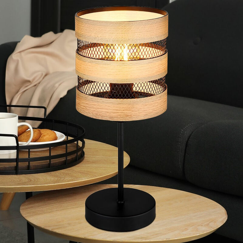 Image of Lampada da tavolo Lampada laterale, lampada da comodino con dettagli in legno, paralume reticolare, metallo, nero, marrone, opaco, E27, PxH 15x33,5 cm