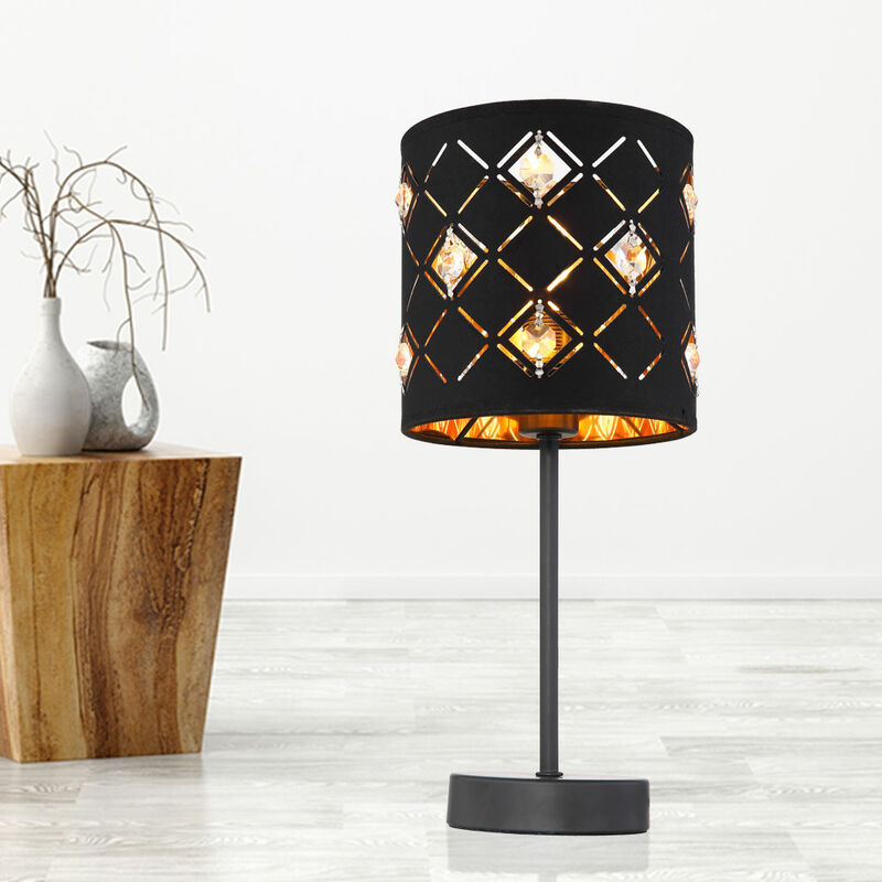 Image of Lampada da tavolo lampada laterale lampada soggiorno, paralume in tessuto moderno, lampada da comodino, cristalli acrilici neri, 1x E14 DxH 15x35 cm