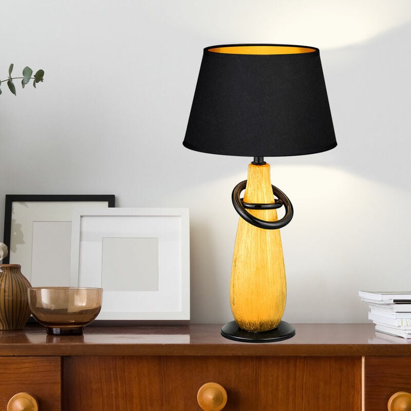 Image of Etc-shop - Lampada da tavolo lampada laterale oro camera da letto nera, lampada da scrivania luce notturna paralume in tessuto ceramica, 1x E14, DxH