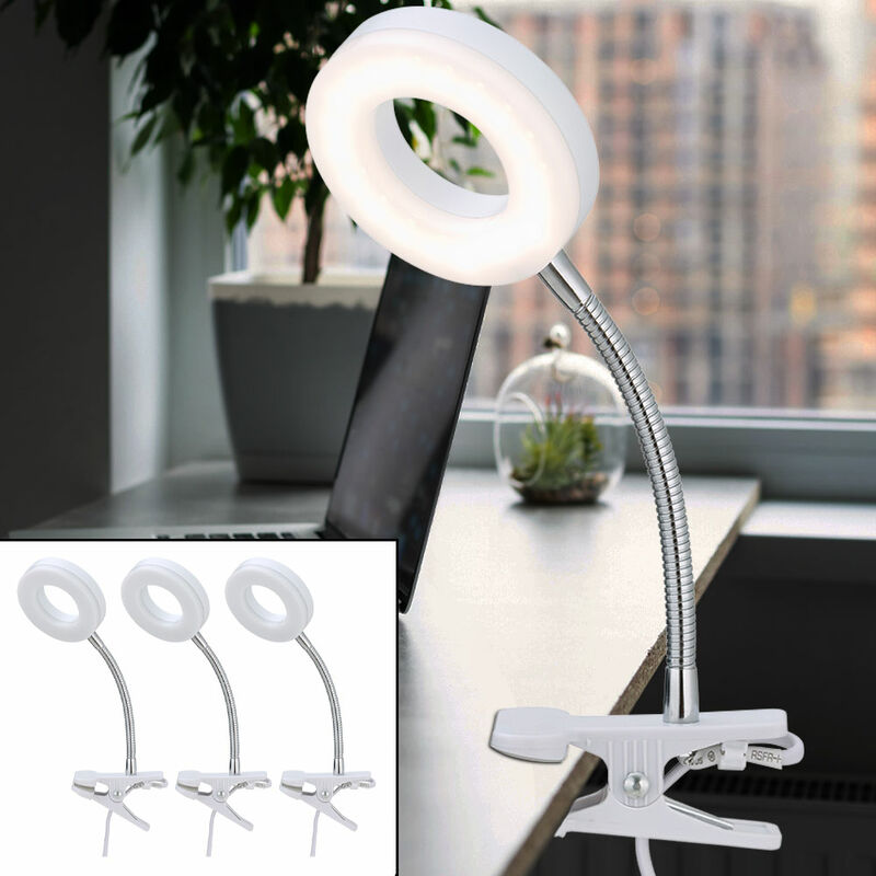Image of Lampada da tavolo lampada morsetto bianco lampada soggiorno led con presa lampada da lettura, spot mobile, metallo, 1x led 4W 330Lm 3000K, PxH 9x21