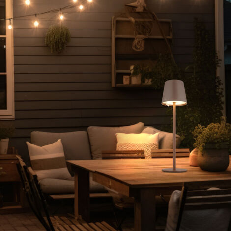 Lampada da tavolo luce esterna lampada da tavolo LED dimmerabile batteria USB luce da giardino, metallo plastica marrone opale, 3W 130Lm bianco caldo, DxH 10,6x36 cm