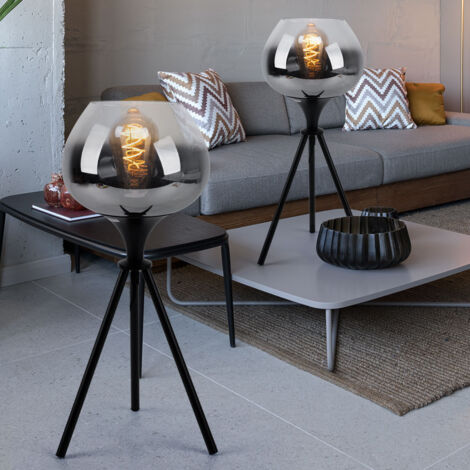 Lampada da tavolo, luce laterale, lampada da comodino, lampada da lettura moderna, treppiede, vetro fumé, metallo nero, 1x attacco E27, DxH 24x45 cm, set da 2