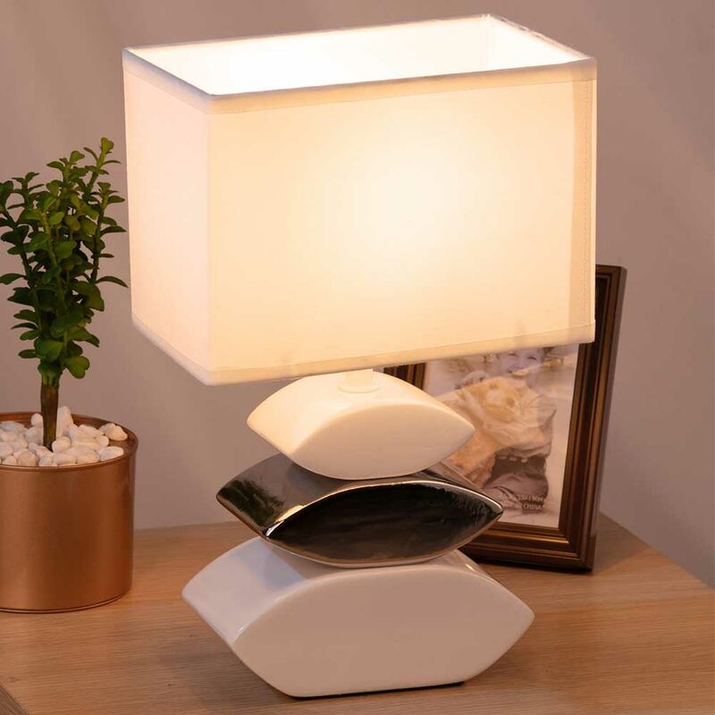 Image of Lampada da Tavolo Lume Comodino Ceramica Tessuto Bianco Design Moderno Abatjour