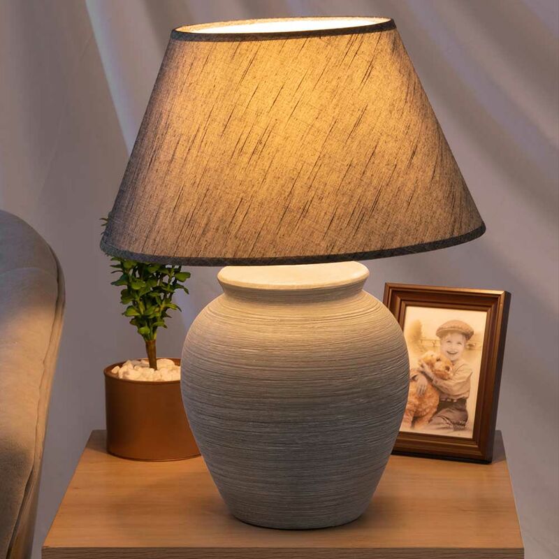 Image of Lampada da Tavolo Lume Comodino Ceramica Tessuto Grigio Design Moderno Abatjour