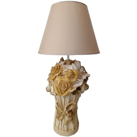 Lampada da Tavolo Lume rose in Ceramica Comodino casa Beige giallo oro Abatjour Design vintage antico made in Italy h63