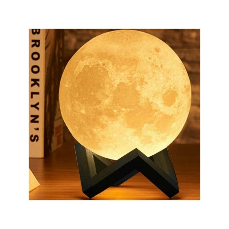 Image of Trade Shop - Lampada Da Tavolo Luna 18cm Luce Led 3 Colori Moon Lamp a Batteria Con Supporto