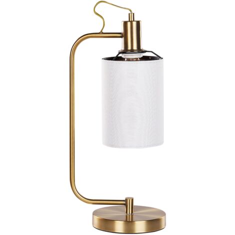 Lampada da tavolo moderna bianca con paralume in lino e base in metallo ramato Liberia