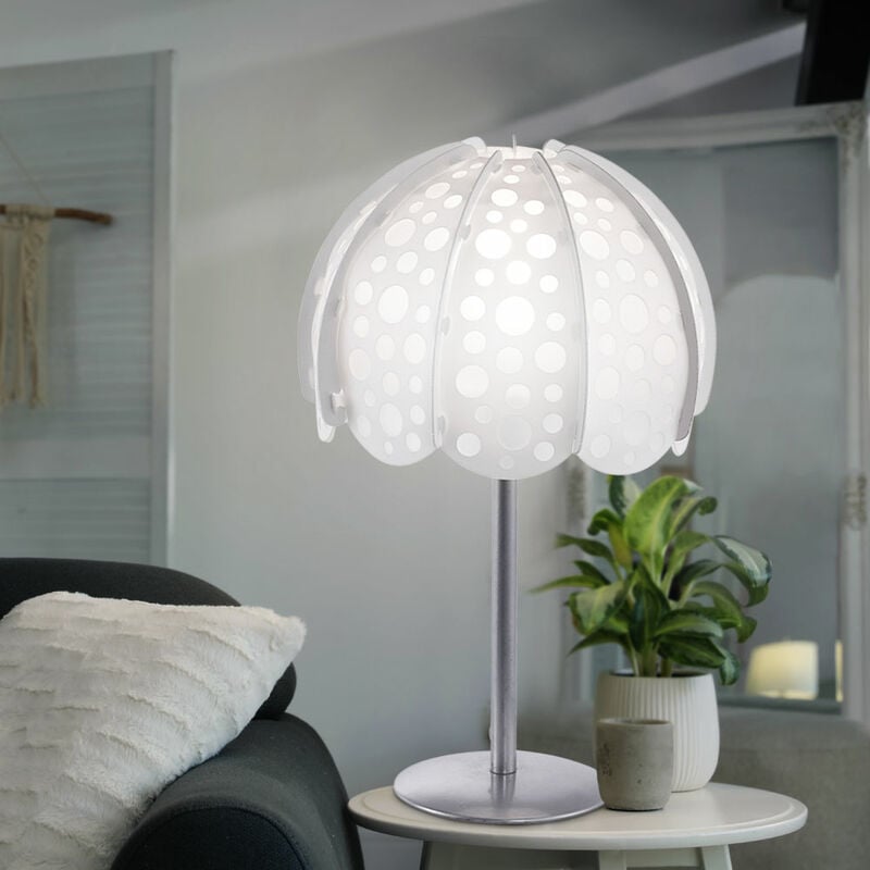 Image of Lampada da tavolo moderna, lampada da comodino, bianco, lampada laterale, paralume in tessuto, metallo argentato, 1x attacco E14, DxH 20,5x36 cm
