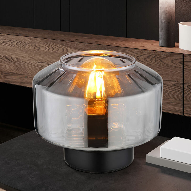 Image of Lampada da tavolo, nera, lampada da camera, moderna, lampada da comodino, paralume a bulbo, vetro fumé, lettura, metallo, 1x E27, PxH 18x14,5 cm