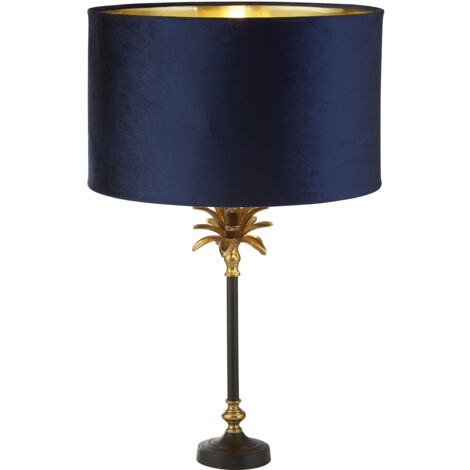 Lampada da tavolo Palm - Metallo nero e ottone e paralume in velluto blu navy