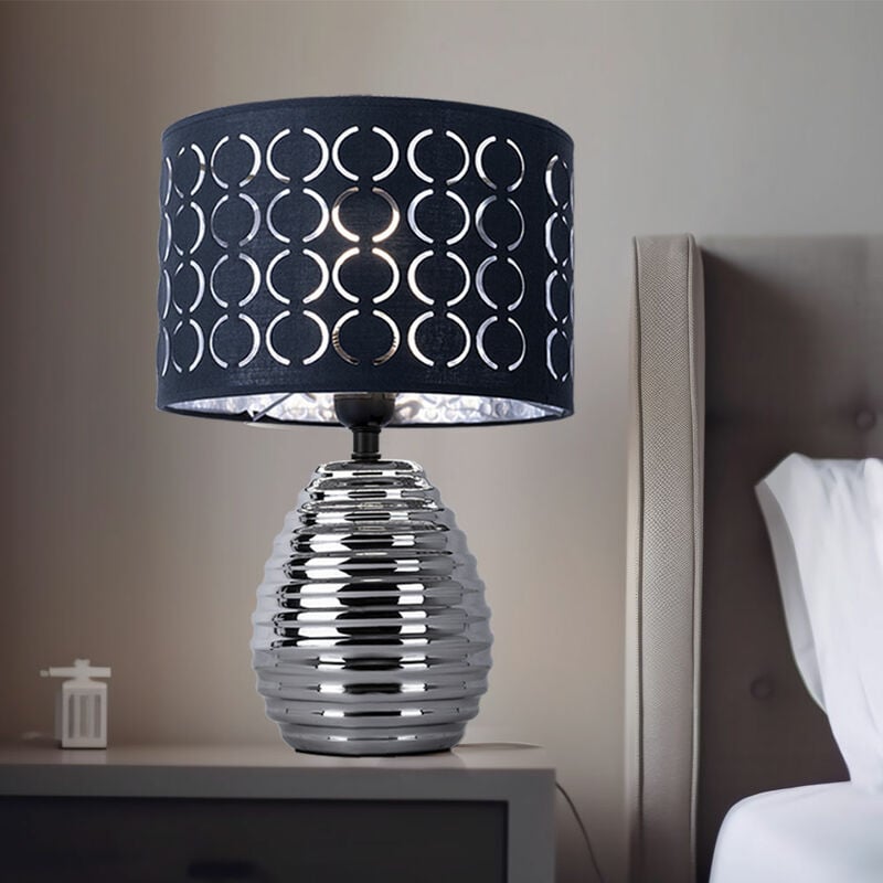 Image of Lampada da tavolo paralume argento lampada da comodino camera da letto paralume lampada da tavolo grigio, in ceramica in cromo con paralume in