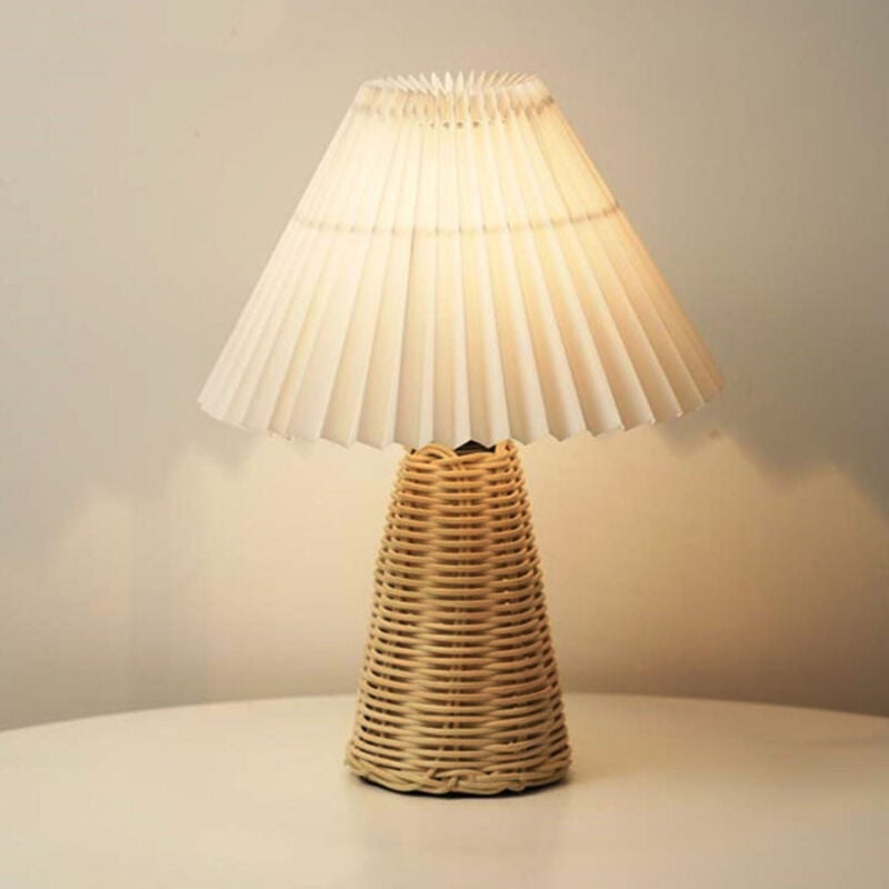 Image of Lampada da tavolo plissettata, lampada da comodino con base in rattan, stile vintage, luce morbida e calda per la decorazione della camera da letto