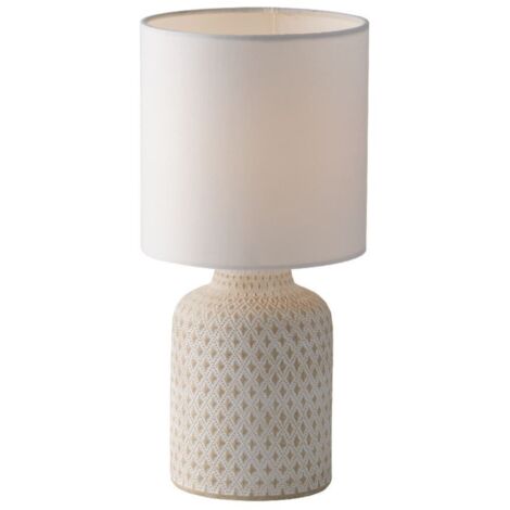 "Lampada da tavolo RAVELLO in ceramica bianca con paralume in tessuto"