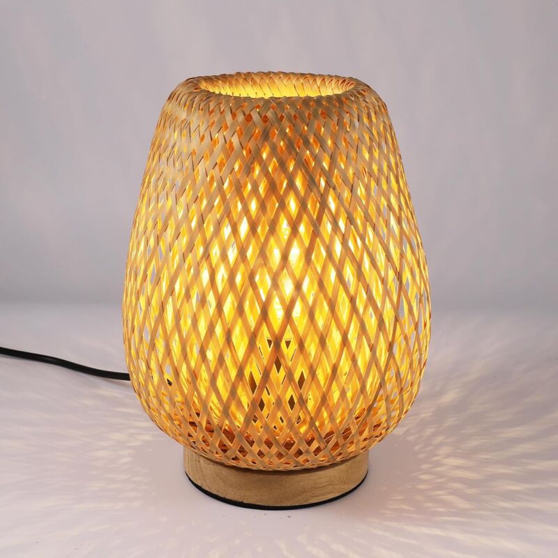Image of Lampada da tavolo retrò in bambù E27, lampada da comodino bohémien fatta a mano per camera da letto, soggiorno, camera dei bambini