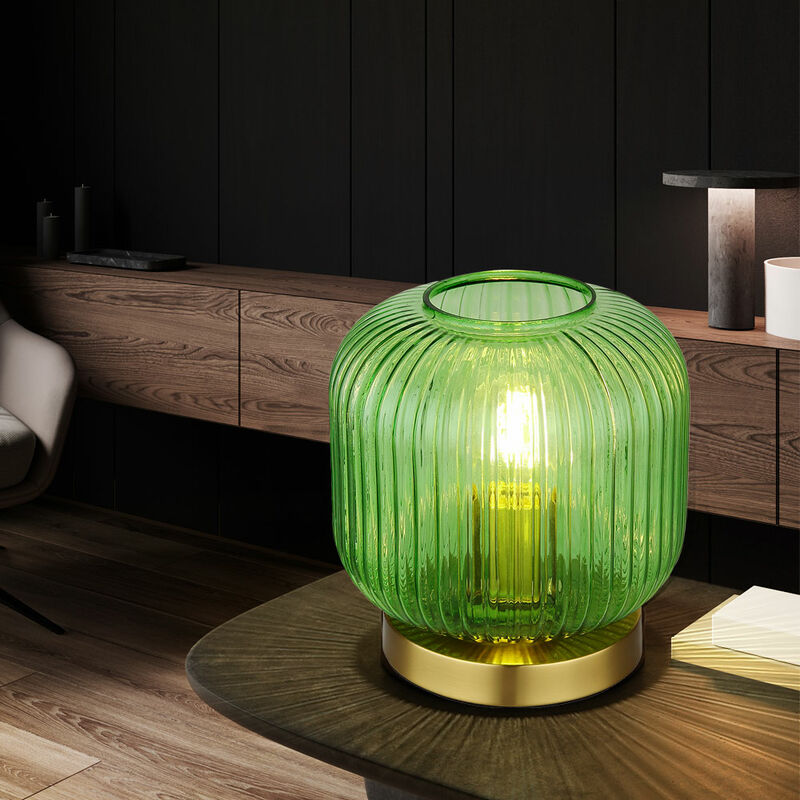 Image of Lampada da tavolo retrò lampada da comodino lampada da tavolo vetro verde 1 fiamma soggiorno, metallo ottone, 1x E27, DxH 20x21 cm