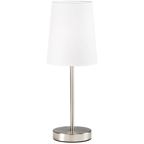 "Lampada da tavolo SALLY in metallo nichel con paralume in tessuto bianco"