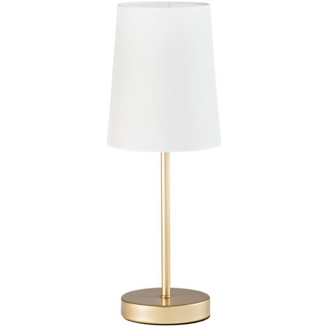 "Lampada da tavolo SALLY in metallo oro con paralume in tessuto bianco"