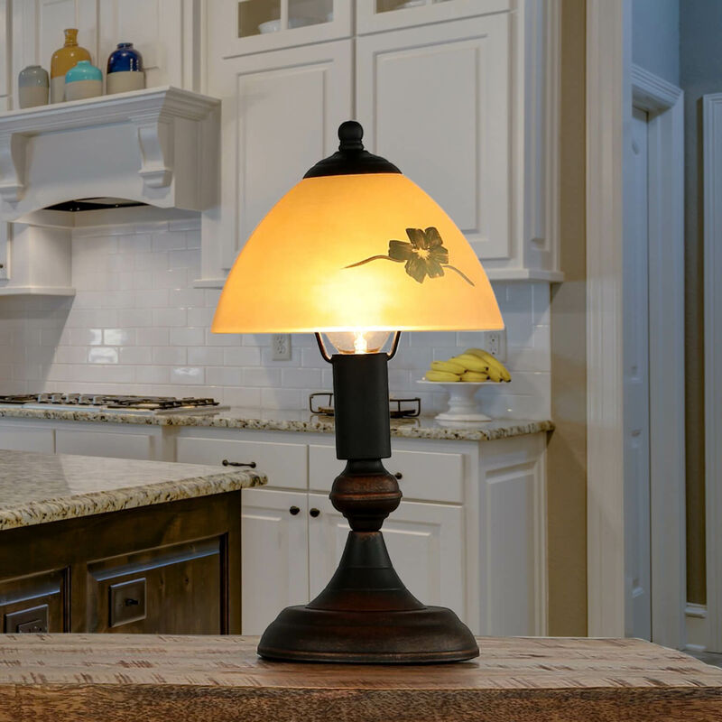 Image of Lampada da tavolo dal romantico design Shabby stile country con paralume a motivo floreale in vetro Ideale in salotto - Ottone, ecru
