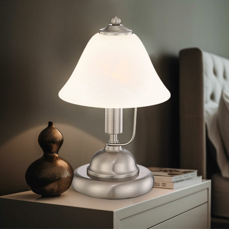 Image of Globo - Lampada da tavolo Touch lampada da comodino lampada da tavolo in vetro alabastro camera da letto, nichel opaco, 1x attacco E14, DxH 17x27 cm