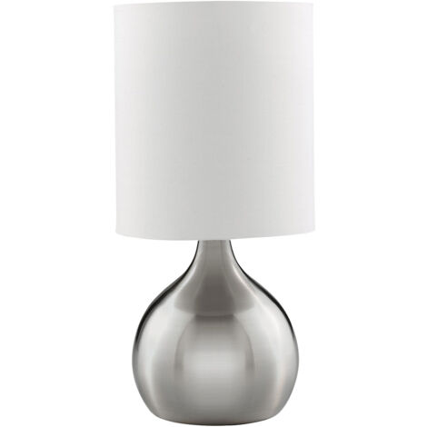 Lampada da tavolo Touch - Metallo argento satinato e paralume in tessuto avorio