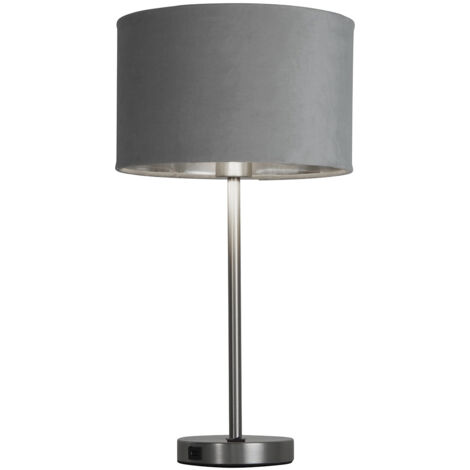 Lampada da tavolo USB Finn - Metallo nichel satinato e paralume in velluto grigio