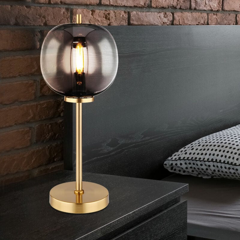 Image of Lampada da tavolo vetro E14 lampada da comodino lampada a sfera retrò lampada da tavolo vetro fumé, interruttore, metallo ottone, attacco E14, DxH