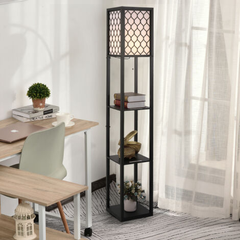 Lampada da Terra 2 in 1 Salvaspazio con 3 Ripiani, Lampada Moderna da Salotto, Soggiorno e Ufficio, Attacco E27, 26 x 26 x 160 cm, Nero Bianco