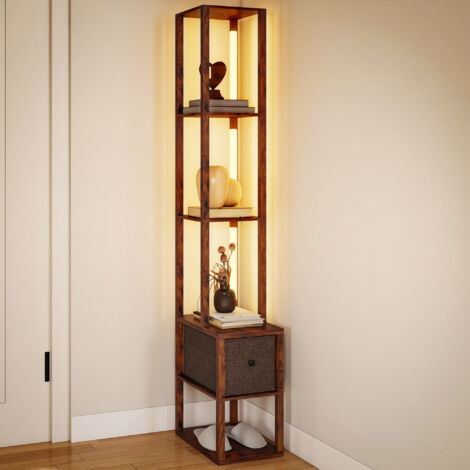 Lampada da terra a LED con ripiani, luminosità regolabile, interruttore a pedale per camera da letto, marrone rustico