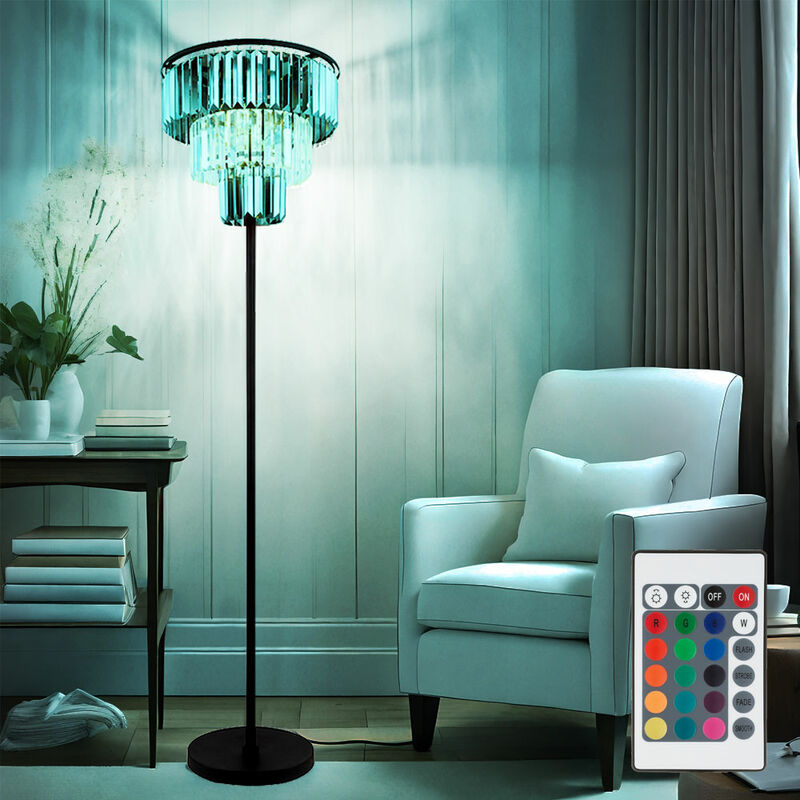 Image of Lampada da terra a led dimmerabile con telecomando cristalli di vetro lampada da soggiorno lampada da terra 3 lampadine, cambio colore rgb, cristalli