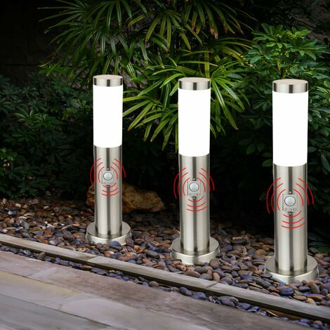 Lampada da terra a LED per vialetti, lampada da giardino in acciaio inossidabile, lampada da esterno con rilevatore di movimento, argento, 9W 810lm bianco caldo, PxH 12,7x45 cm, set da 3