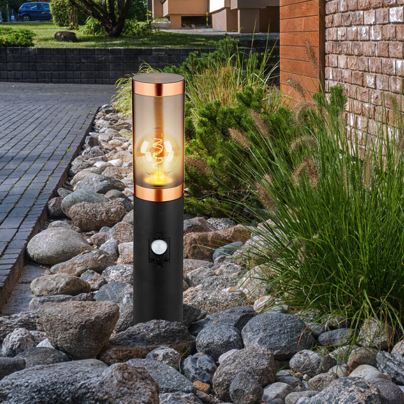 Image of Lampada da terra a piedistallo illuminazione per esterni fumo rame esterno con rilevatore di movimento lampada da terra da giardino, acciaio