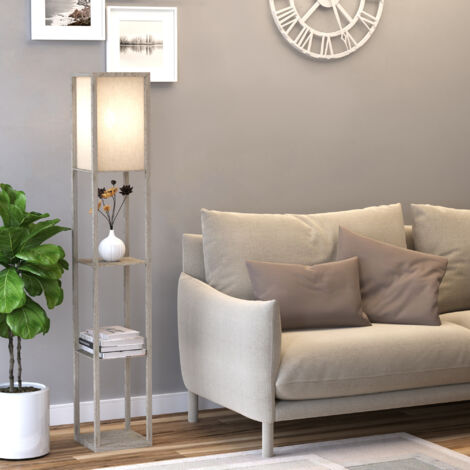 Lampada da terra con 3 ripiani, illuminazione interna, E27 fino a 40W, E1-MDF e acrilico, 26x26x160 cm, rovere/bianco