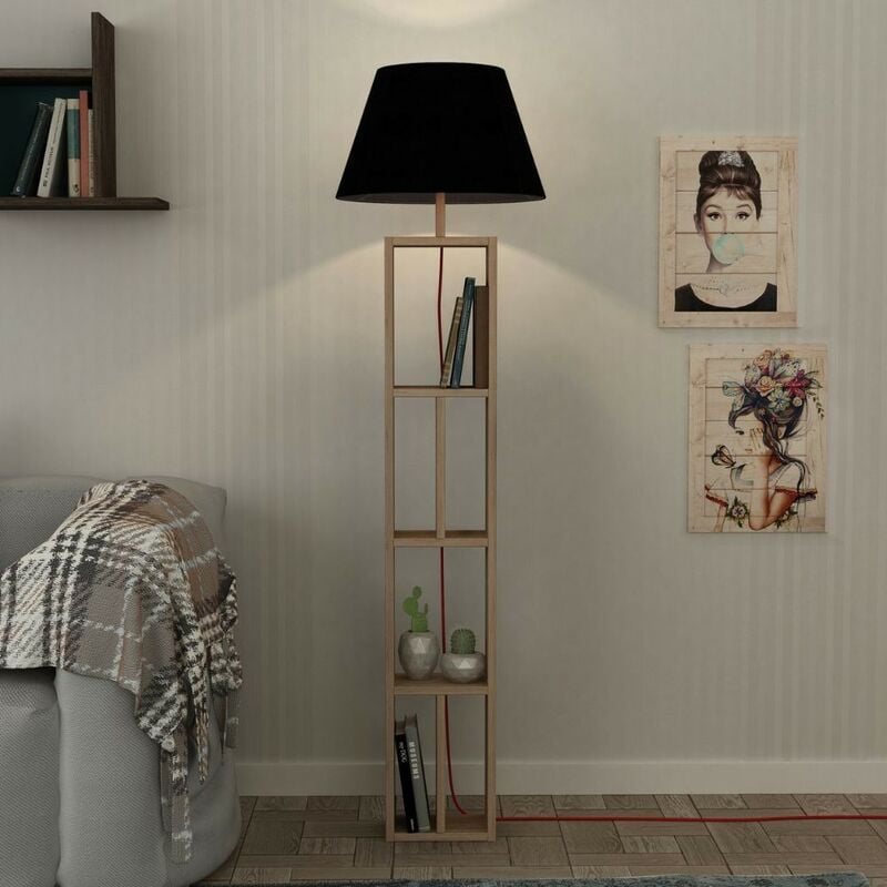 Image of Lampada da Terra con Libreria Rovere e Parlume Nero 23,5x15x163,5 cm