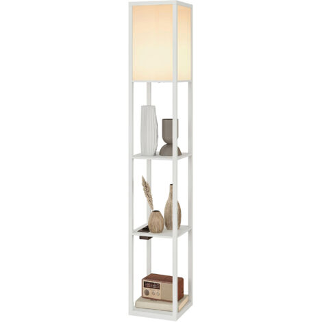 Lampada da terra con mensole, luce regolabile, interruttore a pedale e porte USB, bianca